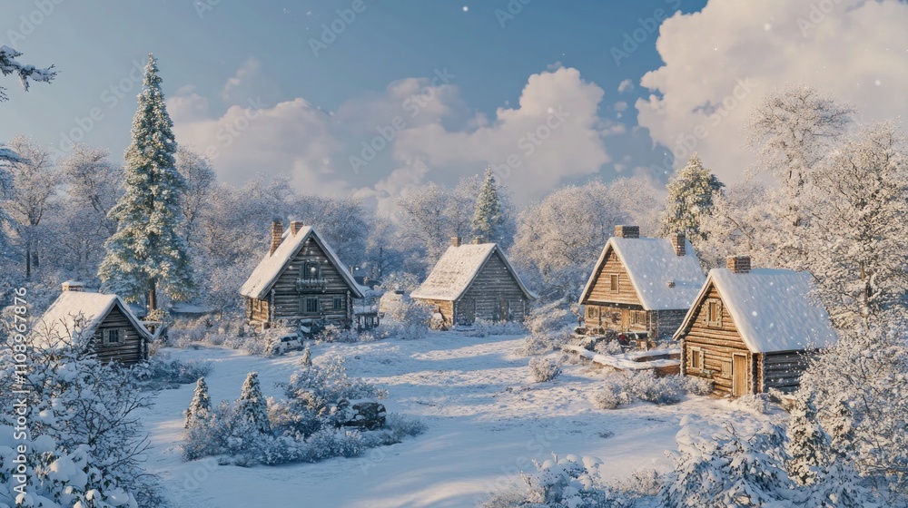 Fototapeta premium A serene winter landscape featuring snow-covered cottages and trees.