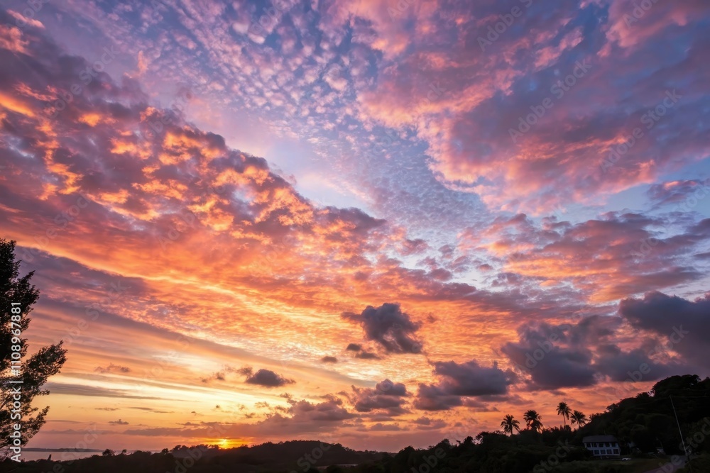 Fototapeta premium A breathtaking sunset sky filled with vibrant hues of orange, pink, and purple, showcasing a dramatic display of clouds at the horizon