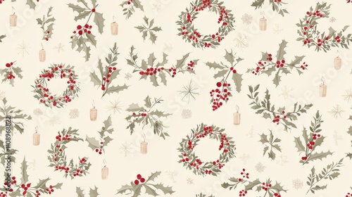 Festive Christmas Seamless Pattern with Detailed Wreaths, Candles, and Holly on Cream Background for Holiday Stationery