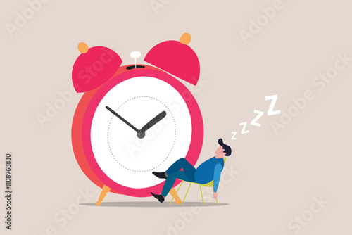 Lazy businessman sleeping beside clock, unwilling to work. concept of Wasted time and slow life