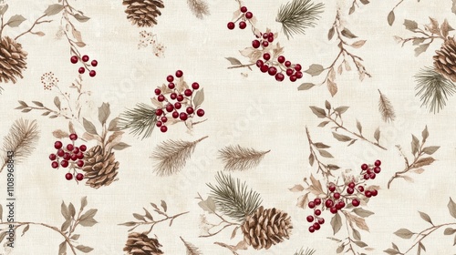 Cozy Farmhouse Christmas: Rustic Seamless Pattern with Burlap, Pinecones, and Berries on Beige Background