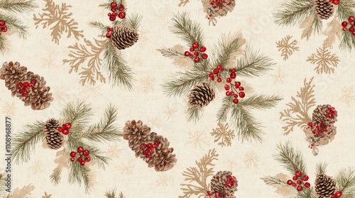 Rustic Christmas Burlap Pattern with Pinecones and Berries for Farmhouse Decor | Festive Holiday Background in Flat Art Style