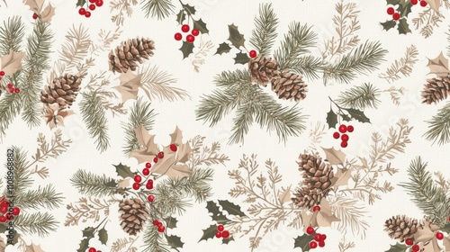 Cozy Rustic Christmas Burlap Seamless Pattern for Farmhouse Decor | Warm Beige Background with Pinecones & Red Berries | Ultra-Detailed Holiday Artwork