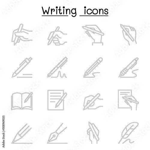 Writing icon set in thin line style