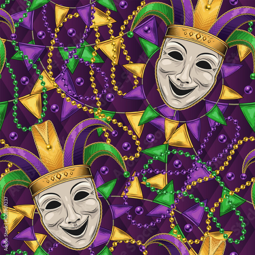 Carnival Mardi Gras themed pattern with theatrical comedy face mask in Jester Harlequin hat., scattered trinket, pennant garland, strings of beads. Detailed illustration in vintage style