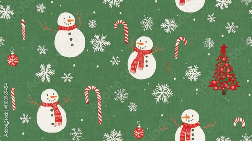 Festive Christmas Seamless Pattern with Playful Snowmen and Candy Canes on Green Background for Seasonal Products