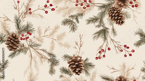 Rustic Christmas Seamless Pattern with Burlap Textures, Pinecones, and Red Berries for Farmhouse Decor