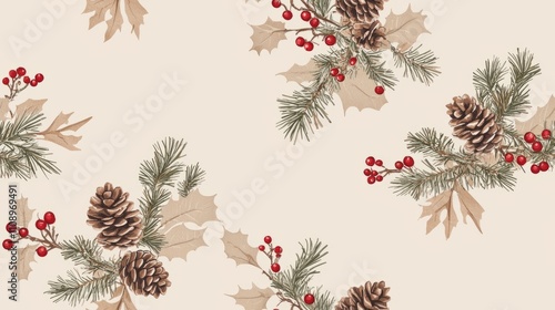 Festive Rustic Christmas Seamless Pattern with Burlap Textures, Pinecones, and Red Berries on Beige Background for Farmhouse Decor