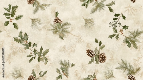 Rustic Christmas Seamless Pattern with Burlap, Pinecones, and Holly on Beige Background for Farmhouse Decor
