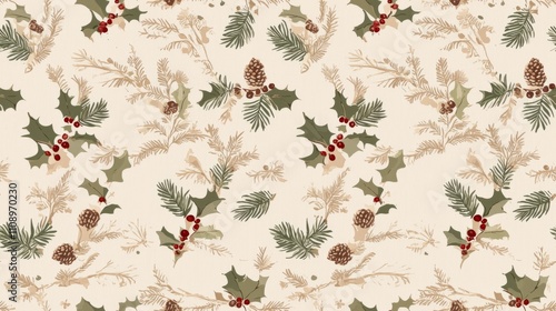 Rustic Christmas Seamless Pattern with Burlap, Pinecones, and Holly Leaves on Beige Background for Farmhouse Decor