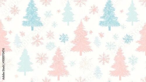 Nostalgic Christmas Seamless Pattern with Retro Trees and Snowflakes in Pastel Shades for Holiday Decor