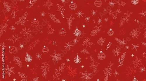 Festive Christmas Ornaments Seamless Pattern on Red Background, Hand-Drawn Artwork for Holiday Decor, Cozy Xmas Spirit, Ultra-Detailed Design