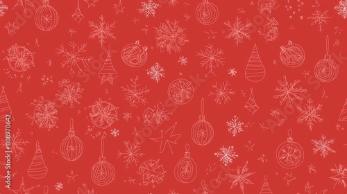 Festive Christmas Ornaments Seamless Pattern on Deep Red Background | Cozy Holiday Artwork with Baubles, Stars, Snowflakes | Ultra-Detailed Illustration