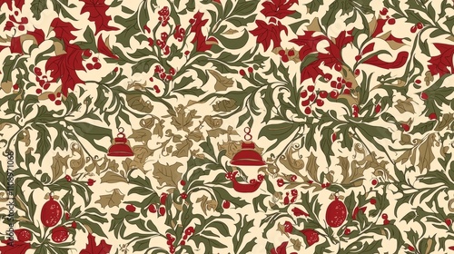 Festive Vintage Christmas Seamless Pattern with Angels, Bells, and Holly on a Deep Red and Green Palette - Intricate Flat Artwork