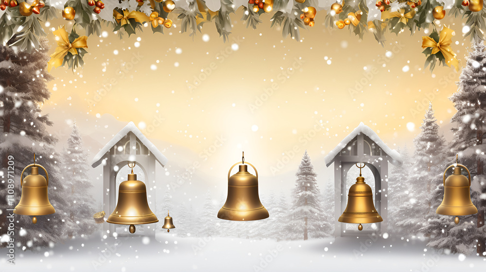 Fototapeta premium Elegant Round Ball Christmas Decorations with Golden Bells and Greenery 