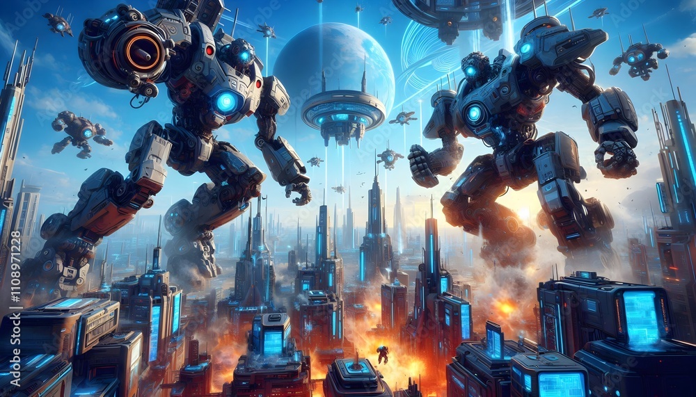 Fototapeta premium Futuristic Robot Invasion: Giant robots attack a futuristic city.