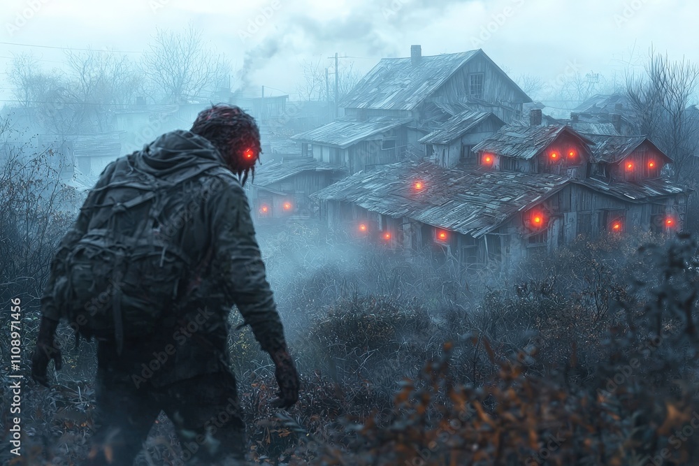 Eerie Atmosphere of a Foggy Landscape with a Figure Approaching a Haunted Village Eerie Atmosphere of a Foggy Landscape with a Figure Approaching a Haunted Village