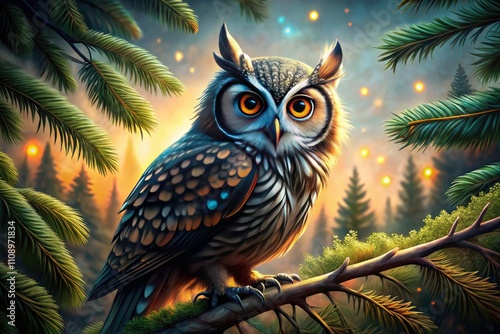 Majestic Owl Pine Tree Branch AI Art, Fantasy Owl Illustration, Digital Owl Painting, Wildlife Bird Artwork, Nature Scene photo