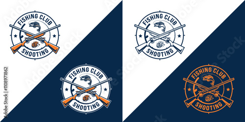 Emblem logo design for a Fish and Game Club, featuring a fishing rod, clay target, deer, bass fish, and a gun to represent the club's activities.