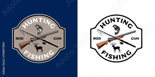 Emblem logo design for a Fish and Game Club, featuring a fishing rod, clay target, deer, bass fish, and a gun to represent the club's activities.