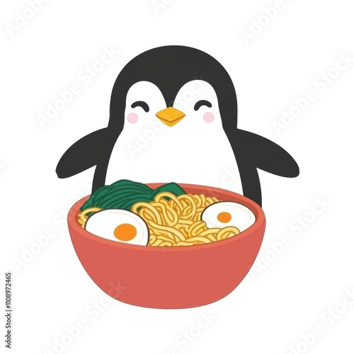 A cute penguin happily presenting a bowl of ramen noodles with eggs. photo