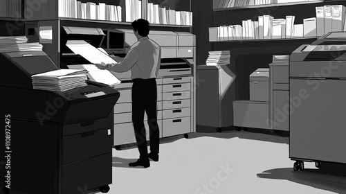 Worker discreetly correcting a mistake in a busy office printing area photo