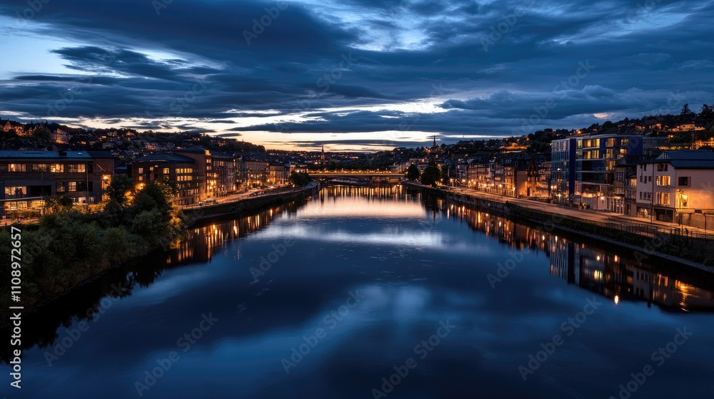 Obraz premium Serene Nightfall Over City River with Reflections and Soft Lights