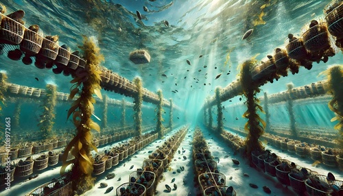 Underwater Mussel Farm: Sustainable aquaculture of mussels in baskets.
