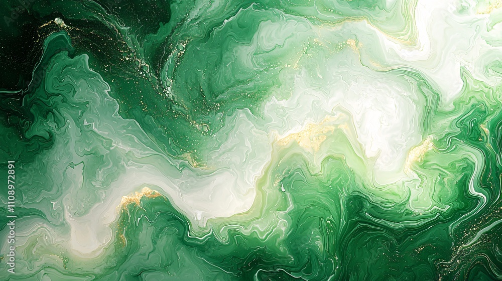 Obraz premium Abstract green and white marbled background with fluid patterns and shimmering effect