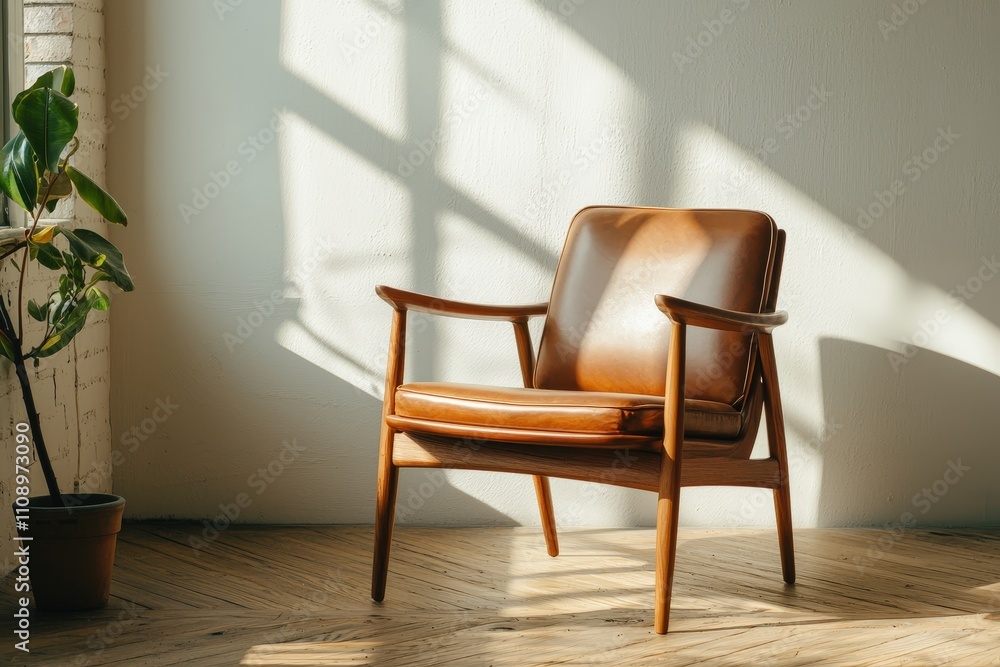 Stylish wooden chair in modern interior with soft lighting and plant decor Stylish wooden chair in modern interior with soft lighting and plant decor