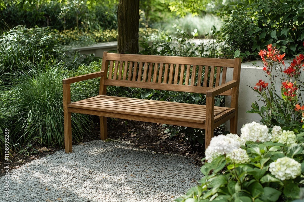 Serene Wooden Bench Surrounded by Lush Greenery and Vibrant Floral Accents Serene Wooden Bench Surrounded by Lush Greenery and Vibrant Floral Accents
