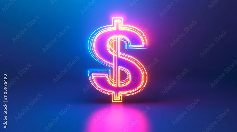 Fototapeta premium 3d neon glowing Dollar on cyan background. Set for design presentations.