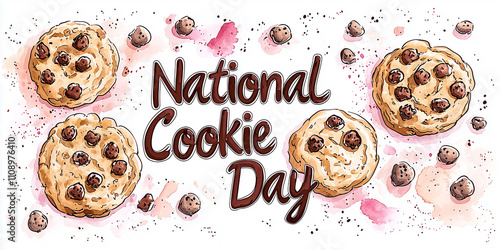 Card for "National Cookie Day" with freshly baked aromatic american cookies with chocolate chips stacked on white background