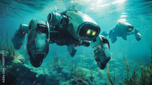 Wallpaper Mural Robot underwater exploration seabed. Autonomous underwater drone with camera, robotic arms research ancient ruins, ancient amphora at bottom of ocean. Underwater oceanographer drone treasure hunter. Torontodigital.ca