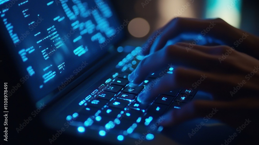 Hands typing on a glowing keyboard with code displayed Hands typing on a glowing keyboard with code displayed