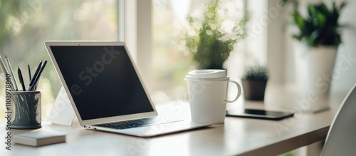 Wallpaper Mural Creative office space featuring a digital tablet and coffee for a productive vibe. Torontodigital.ca