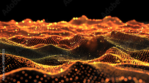 Vector isometric 3d grid surface of data consisting of glowing dots, particles. Big data visualization. Wave grid abstract diagrams of flow digital information. Wavy wire infographic design element