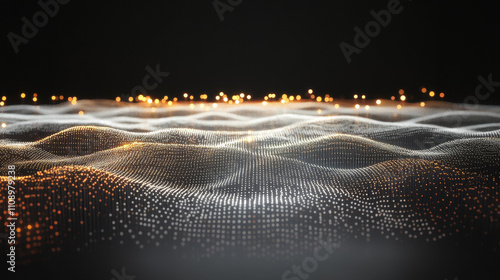 Vector isometric 3d grid surface of data consisting of glowing dots, particles. Big data visualization. Wave grid abstract diagrams of flow digital information. Wavy wire infographic design element