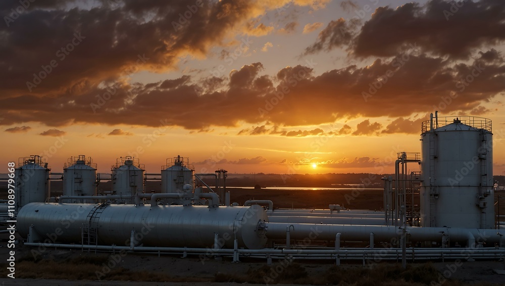 Obraz premium Sunrise over oil storage tanks with a pipeline leading to the horizon.