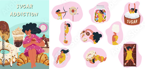 Sugar addiction hand drawn composition with icons of health effects and set of isolated sweets images vector illustration.