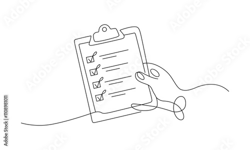 One line art of clipboard checklist holding hand vector art illustration