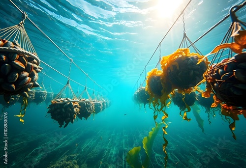 Underwater Mussel Farm: Aquaculture, Sustainable Seafood Production