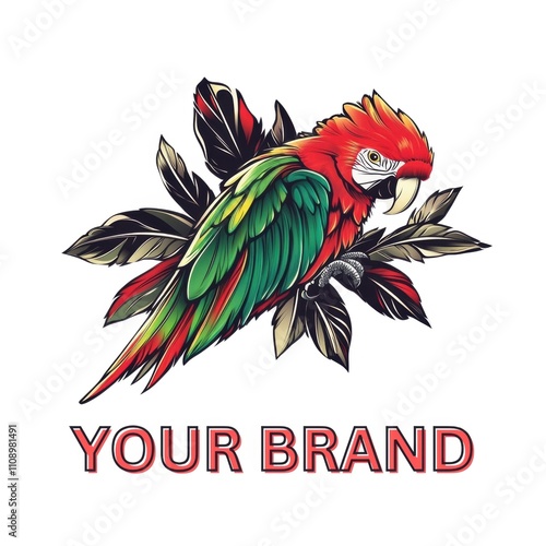 Colorful parrot perched on leaves, ideal for branding or logo design. photo