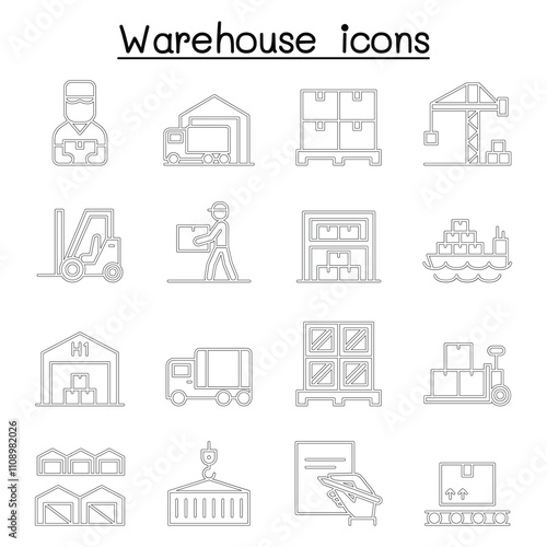 Warehouse, delivery, shipment, logistic icon set in thin line style