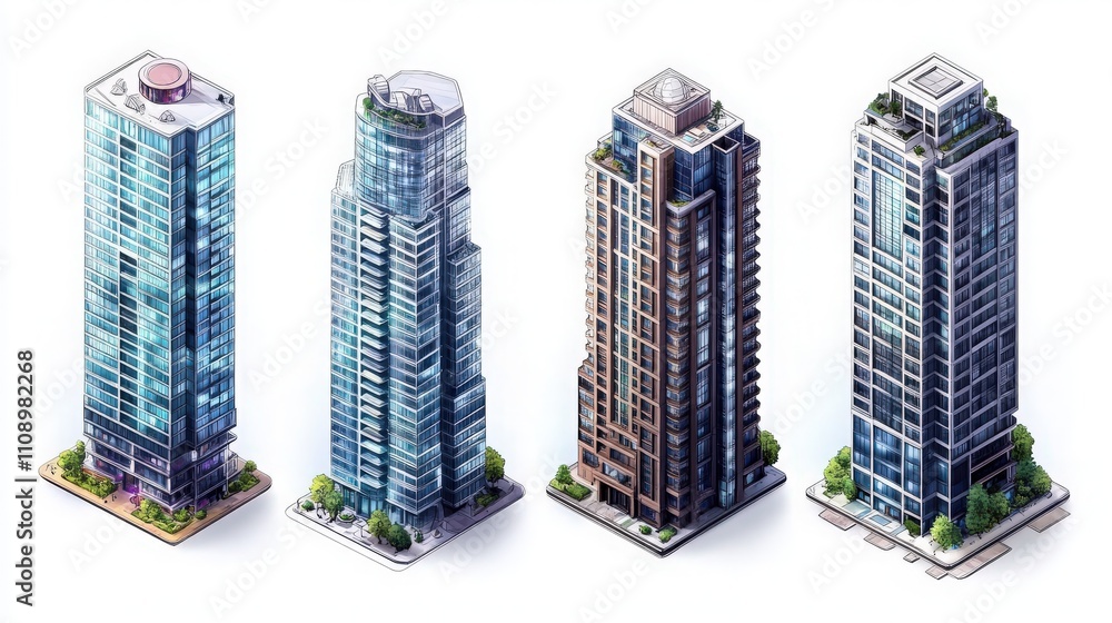 Obraz premium Illustrated modern building icons of buildings including offices and residential towers on white background