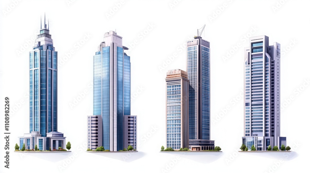 Fototapeta premium Illustrated modern building icons of buildings including offices and residential towers on white background