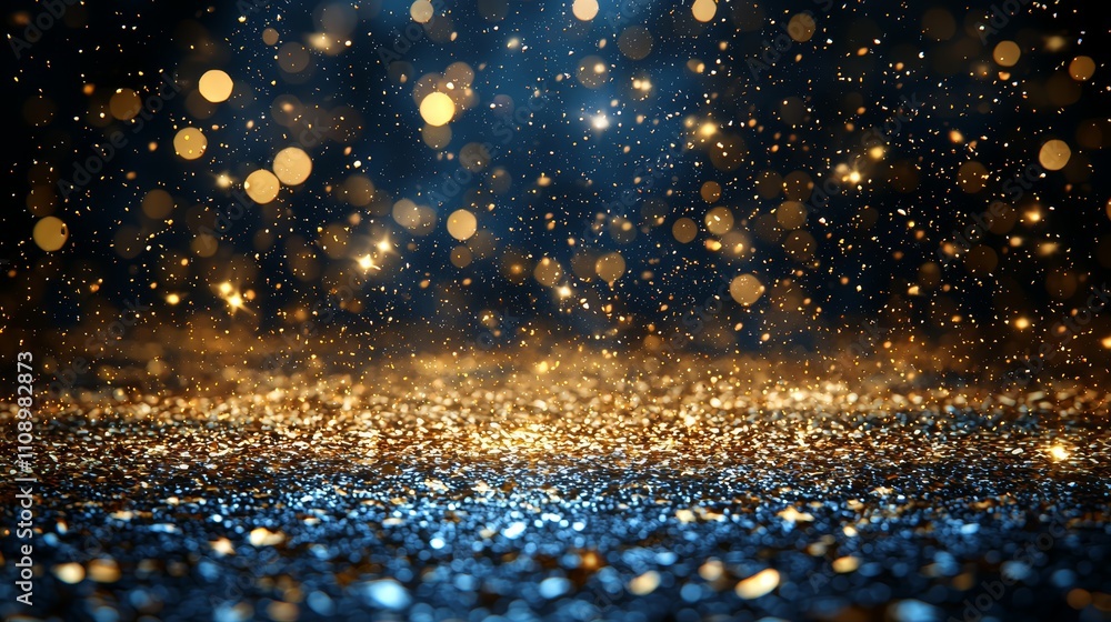 Naklejka premium A dark blue and gold glittery background with bokeh lights