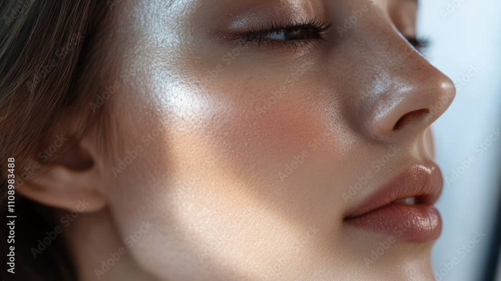 Fototapeta premium Close-up Portrait of a Woman's Face, Highlighting Radiant Skin and Subtle Makeup