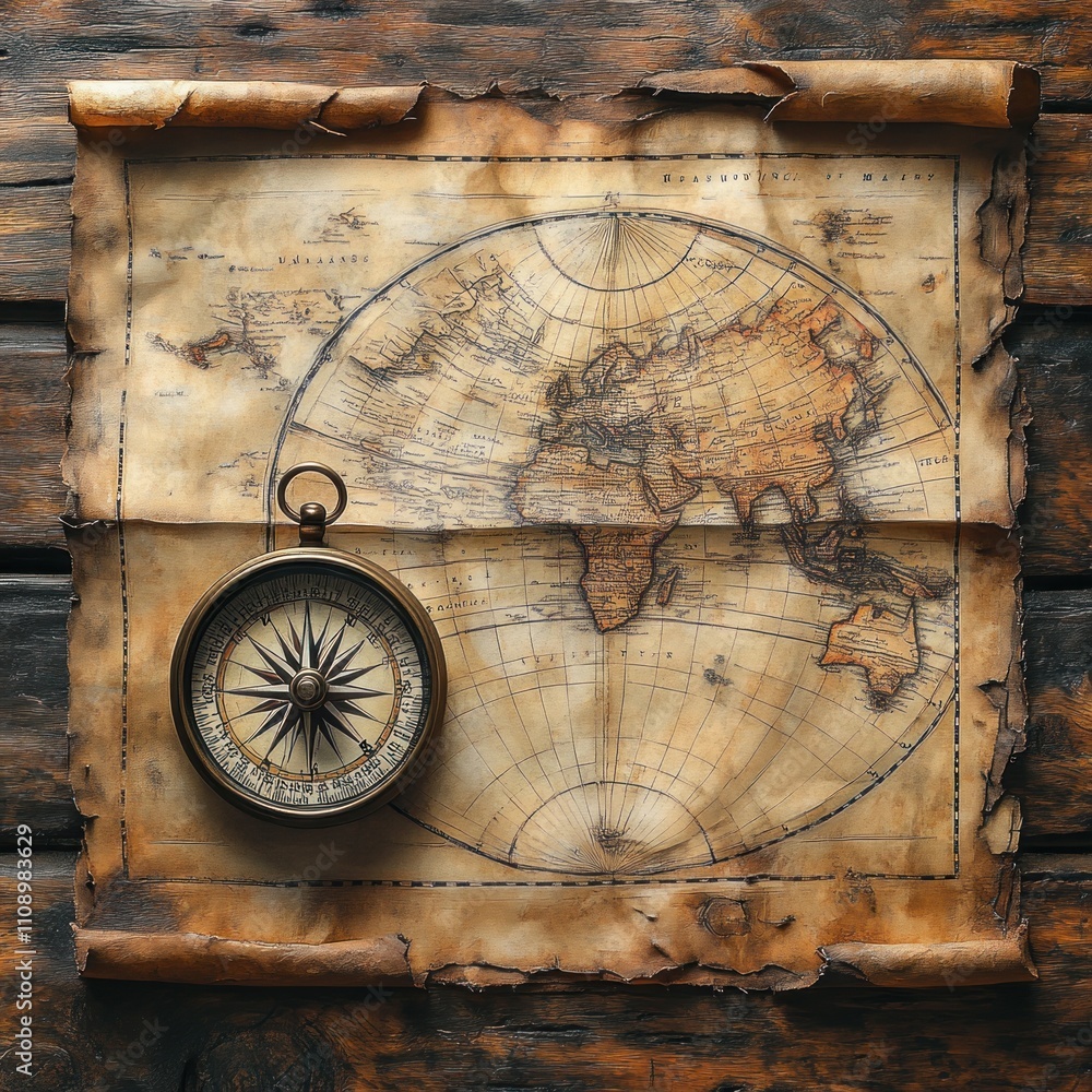 Fototapeta premium An antique map with a compass, symbolizing exploration and navigation.