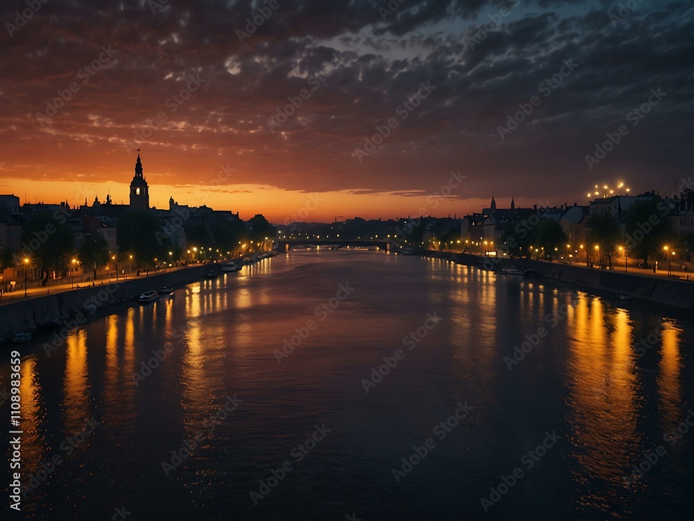 Fototapeta premium Sunset over a city river, reflecting shimmering lights.